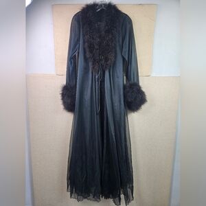 Vintage Intime California Sheer Robe Feather Trim Black L Large Boudoir